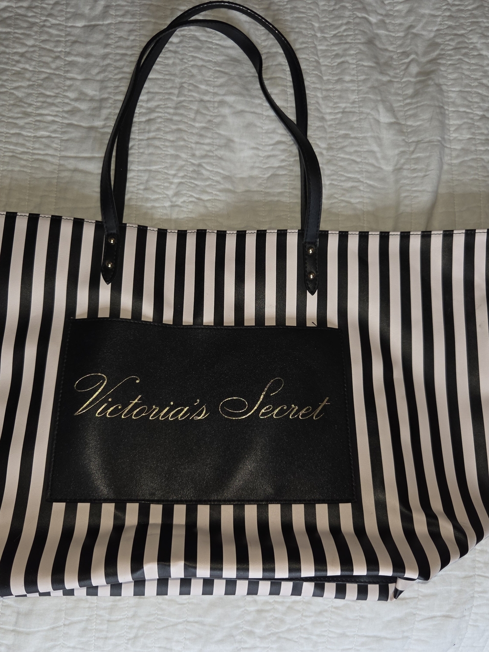 Victoria's Secret Black and White Striped Tote with Gold Logo
